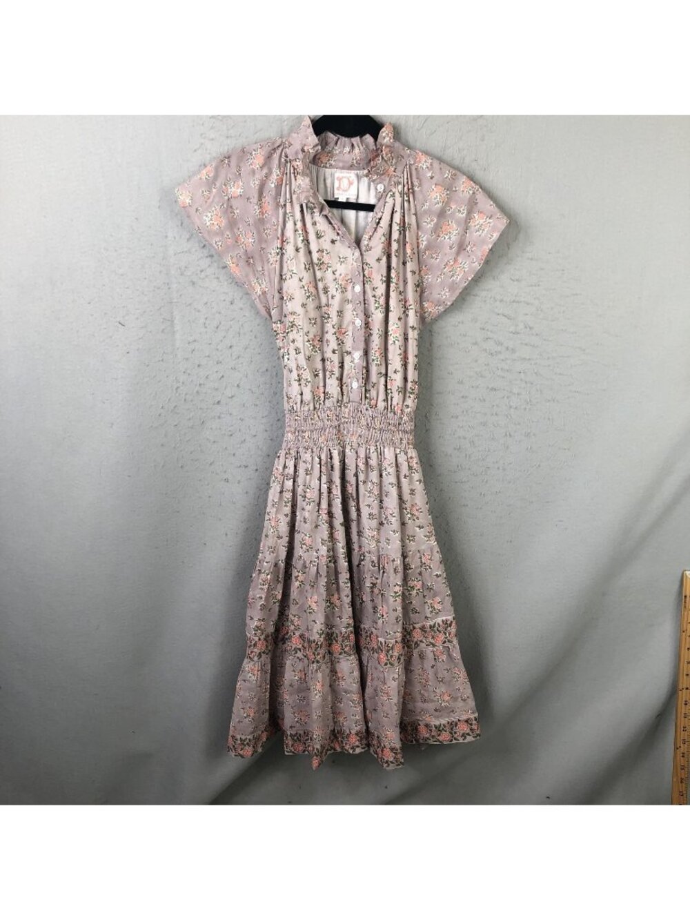 Victoria Dunn Dress Womens S Purple Floral Smocked Midi Fit Flare Ruffle Cottage